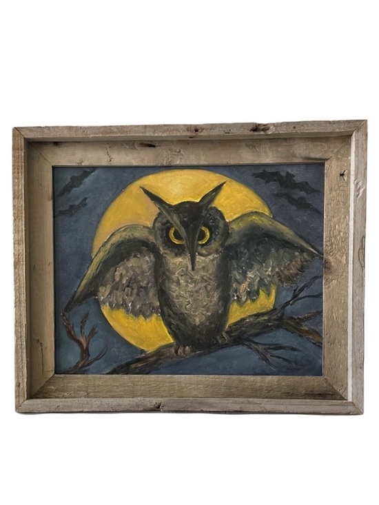 M. Pandis Other - OIL PAINTING SIGNED Reclaimed Wood Framed Owl Painting With Yellow Moon Harvest